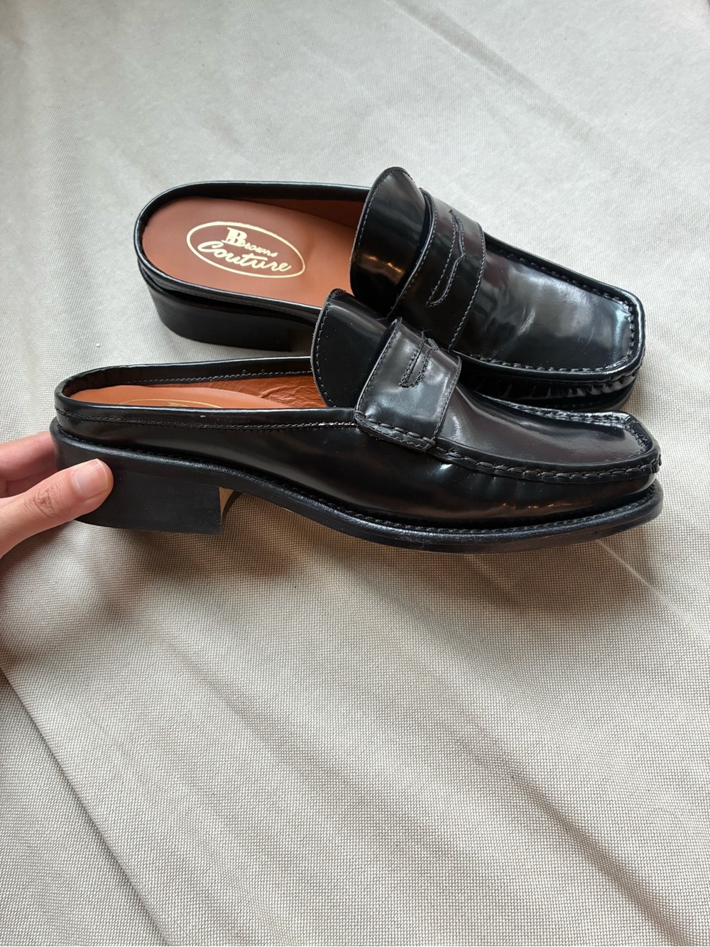 Black Patent Leather Penny Loafer Mules Low Heel Square Toe